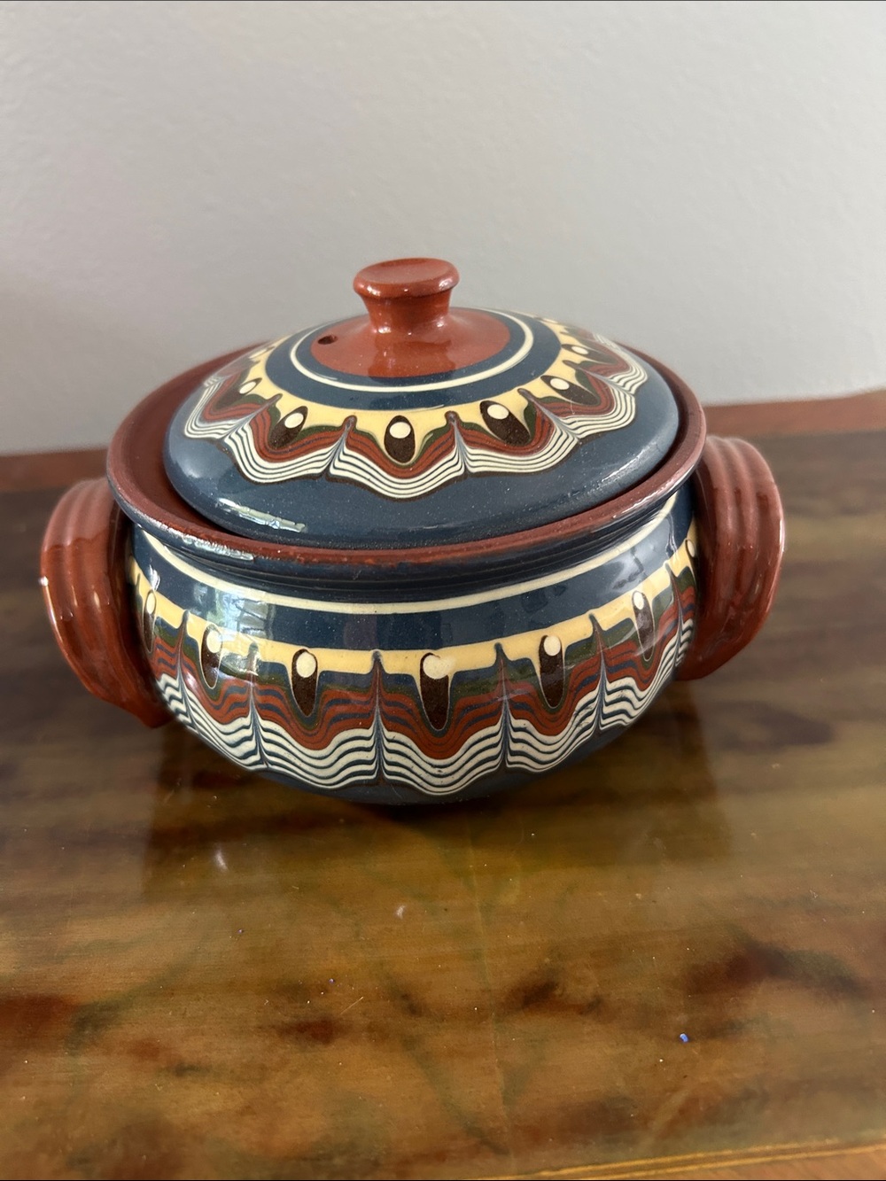 EUC Bulgar Bulgarian Terracotta Lidded Casserole Pot Vintage  Hand-Painted
